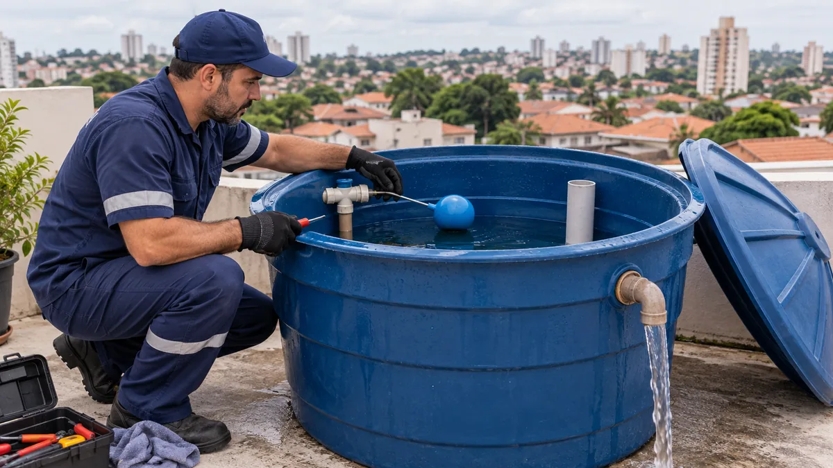 Profissional verificando caixa d’água transbordando em Campinas