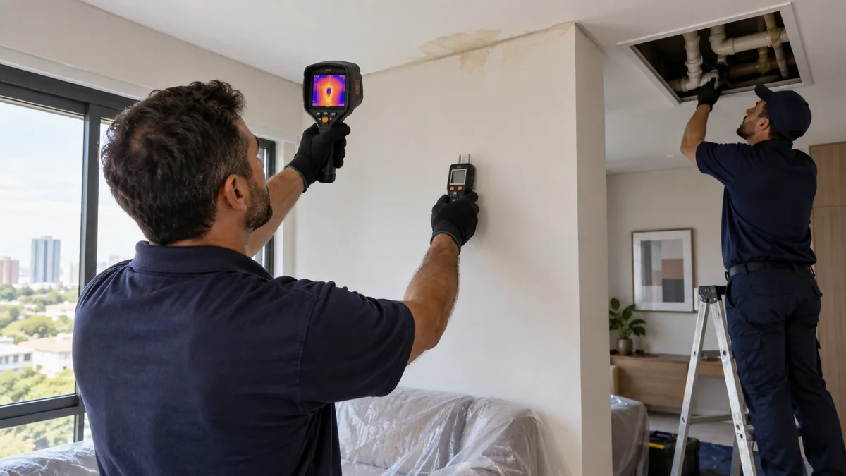 Detecção de infiltração na parede e no teto com equipamento profissional